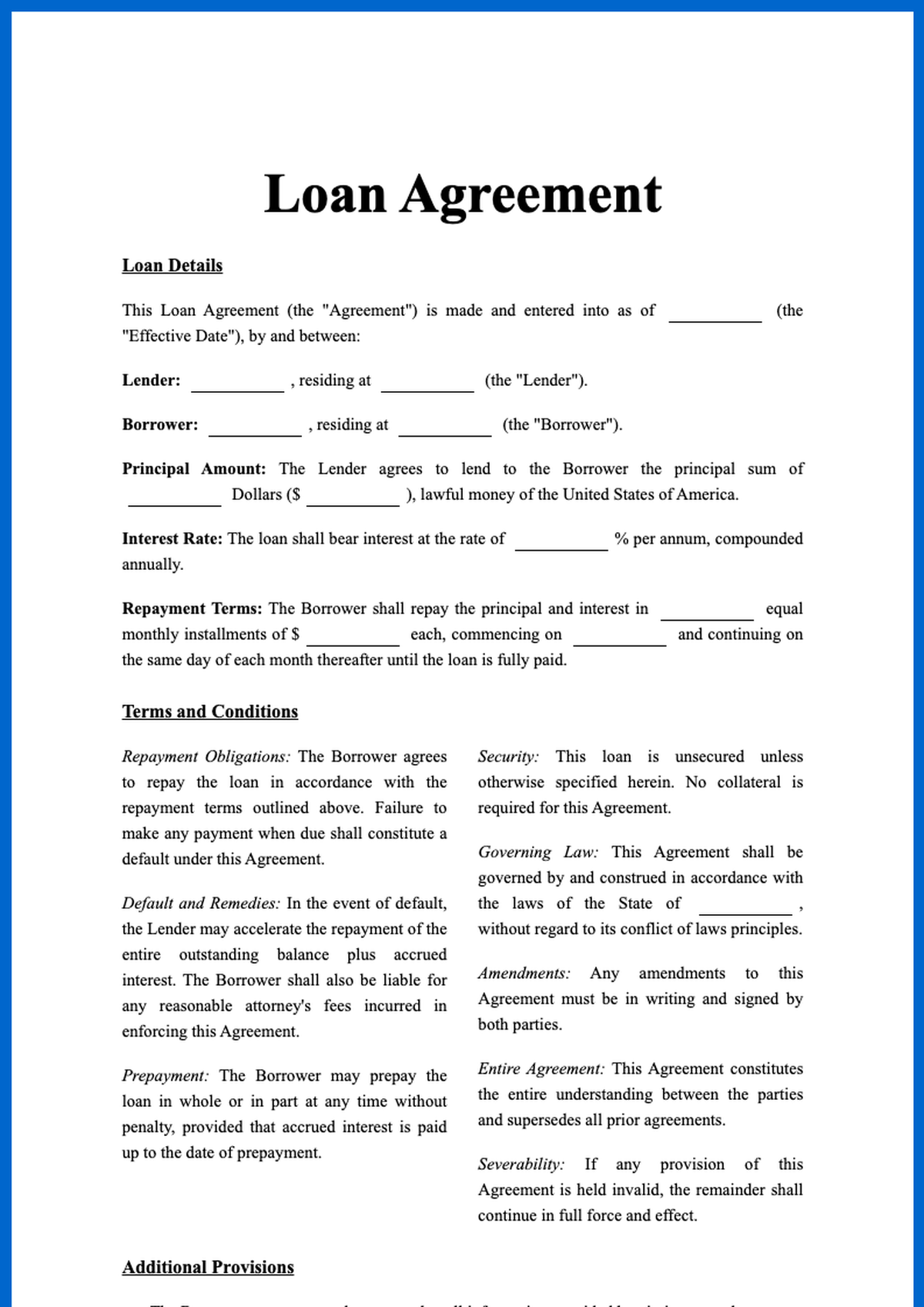 Formal loan agreement template with fillable fields for parties and loan details_variant_3